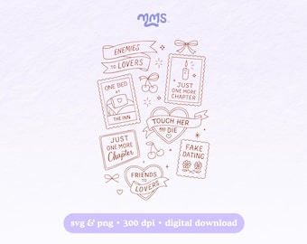 Conjunto de imagens PNG e SVG com clichês românticos, download digital de romances literários, arquivo para adesivos, camisetas, canecas, diários, Kindle e sublimação.
