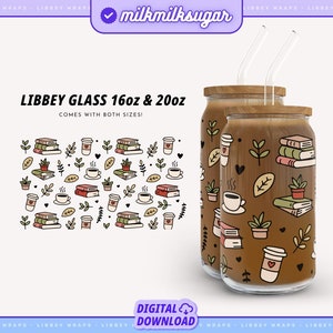 Envoltura para libros y café para latas de vidrio Libbey de 16 oz y 20 oz, Svg de Libbey para amantes de los libros, envoltura para vasos Booktok, archivo de envoltura para amantes de los libros, lata para vasos de lectura
