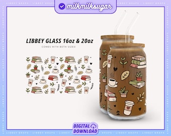 Książki i opakowanie kawy na Libbey 16oz i 20oz puszki szklane, Bookish Libbey Svg, opakowanie na kubek Booktok, plik do pakowania miłośników książek, szklana puszka do czytania