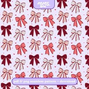 May include: A repeating pattern of red and white bows with heart accents on a pale purple backdrop. The bows vary in style and shade, some with polka dots. The text "pdf & png seamless pattern • download" is visible at the bottom of the image.