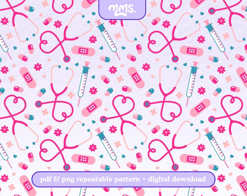 K&ouml;nnte beinhalten: Ein nahtloses Muster mit rosa Herzen, rosa und blauen Stethoskopen, rosa und blauen Verb&auml;nden, rosa und blauen Pillen und rosa und blauen Blumen auf einem hellvioletten Hintergrund. Der Text "pdf & png repeatable pattern - digital download" befindet sich am unteren Rand des Bildes.