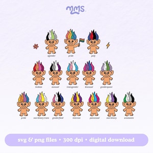 Pride Troll Doll SVG-bundel png digitale download, LGBTQ-vlag clipart | Rainbow Troll Doll Cricut silhouet sublimatie Htv Cut | Feestpakket