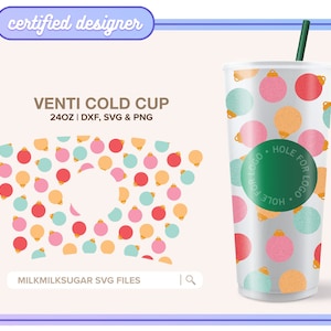 Adornos navideños SVG para envoltorios de vasos Sbucks Venti de 24 oz, vaso frío con bolas navideñas, archivos de envoltura navideña SVG, DXF y PNG / Adornos brillantes