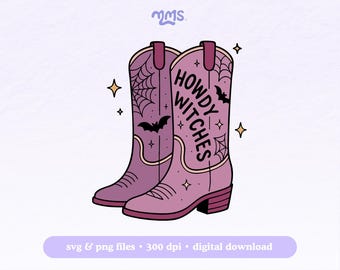 May include: A pair of pink cowboy boots with the words "HOWDY WITCHES" in black. The boots are decorated with spiderwebs, bats, and stars. The image is a digital download of SVG and PNG files.