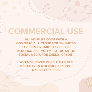K&ouml;nnte beinhalten: Eine digitale Illustration mit einem hellrosa Hintergrund und braunem Text. Der Text lautet "COMMERCIAL USE" und erkl&auml;rt, dass die Dateien mit einer kommerziellen Lizenz f&uuml;r unbegrenzte Verwendung auf unbegrenzten Arten von Waren geliefert werden. Der Text besagt auch, dass der Benutzer den Ersteller in den sozialen Medien f&uuml;r Design-Credits markieren muss. Der Text besagt auch, dass der Benutzer diese Datei niemals digital, in einem Bundle oder online kostenlos weiterverkaufen darf. Die Illustration enth&auml;lt auch eine stilisierte Zeichnung eines Blattes mit dem Text "2 MILK 1 SUGAR".