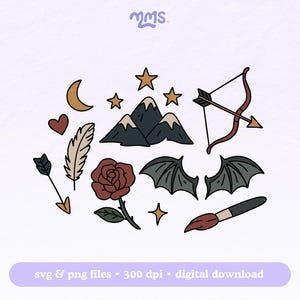 Velaris ACOTAR livres Clipart SVG PNG Bundle, cour de nuit lune étoile flèche Rose icônes, fantastique Fan Art coupe fichier en téléchargement numérique, pack fête
