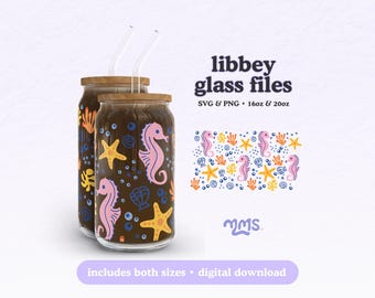 Under The Sea Libbey Wrap SVG PNG, Seahorse Starfish Ocean Cup Wrap, 16oz 20oz glazen blikje ontwerp, strand- en oceaanliefhebbers, zomerse drinkgerei