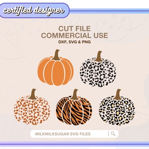 May include: Set of four pumpkin SVG cut files. The pumpkins are in different patterns: orange, leopard print, and zebra print. The text "MILKMILKSUGAR SVG FILES" is at the bottom of the image.