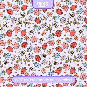 May include: A seamless pattern featuring strawberries, bees, flowers, and clouds on a light purple background. The design includes the text "pdf & png seamless pattern • download".