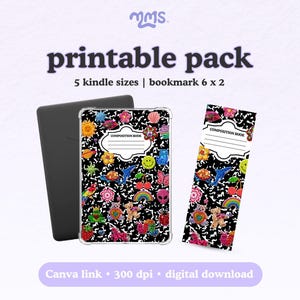 May include: A printable pack featuring a black and white composition book pattern with colorful stickers including a smiley face, rainbow, and animals. Includes a Kindle skin and a 6 x 2 inch bookmark. Text reads: printable pack, 5 kindle sizes, bookmark 6 x 2, COMPOSITION BOOK, Canva link, 300 dpi, digital download.