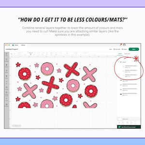 Op de afbeelding: Een computerscherm toont een ontwerp met rode en roze donuts, kruizen en bloemen. De tekst bovenaan luidt: "HOE KRIJG IK MINDER KLEUREN/MATTEN?" en legt uit hoe je lagen kunt combineren.