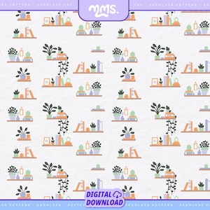 May include: A seamless pattern featuring a repeating design of shelves with books, plants, and decorative objects. The shelves are light brown, the books are purple and orange, the plants are green, and the decorative objects are orange, white, and green.