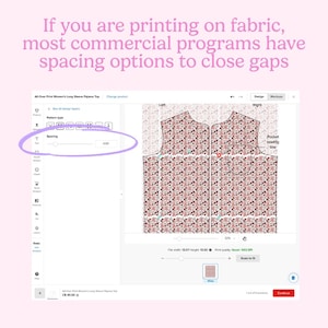 May include: A computer screen displays a design interface for a long-sleeve pajama top. The design features a floral pattern in shades of red and white. Text on the screen includes "Spacing" and "If you are printing on fabric, most commercial programs have spacing options to close gaps."