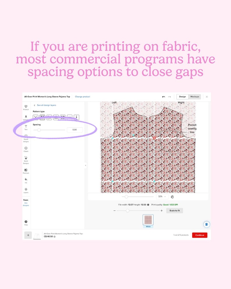 May include: A computer screen displays a design interface for a long-sleeve pajama top. The design features a floral pattern in shades of red and white. Text on the screen includes "Spacing" and "If you are printing on fabric, most commercial programs have spacing options to close gaps."