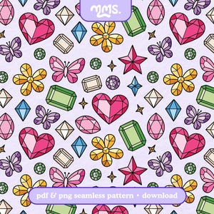 May include: A seamless digital pattern on a light purple background featuring repeating illustrations of pink hearts, yellow flowers, purple butterflies, green rectangular gems, red stars, and various small blue and white diamond-shaped crystals.