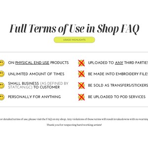 May include: White graphic with the text "Full Terms of Use in Shop FAQ" and usage highlights. Includes a list of permitted and prohibited uses, such as physical end-use products and personal use.