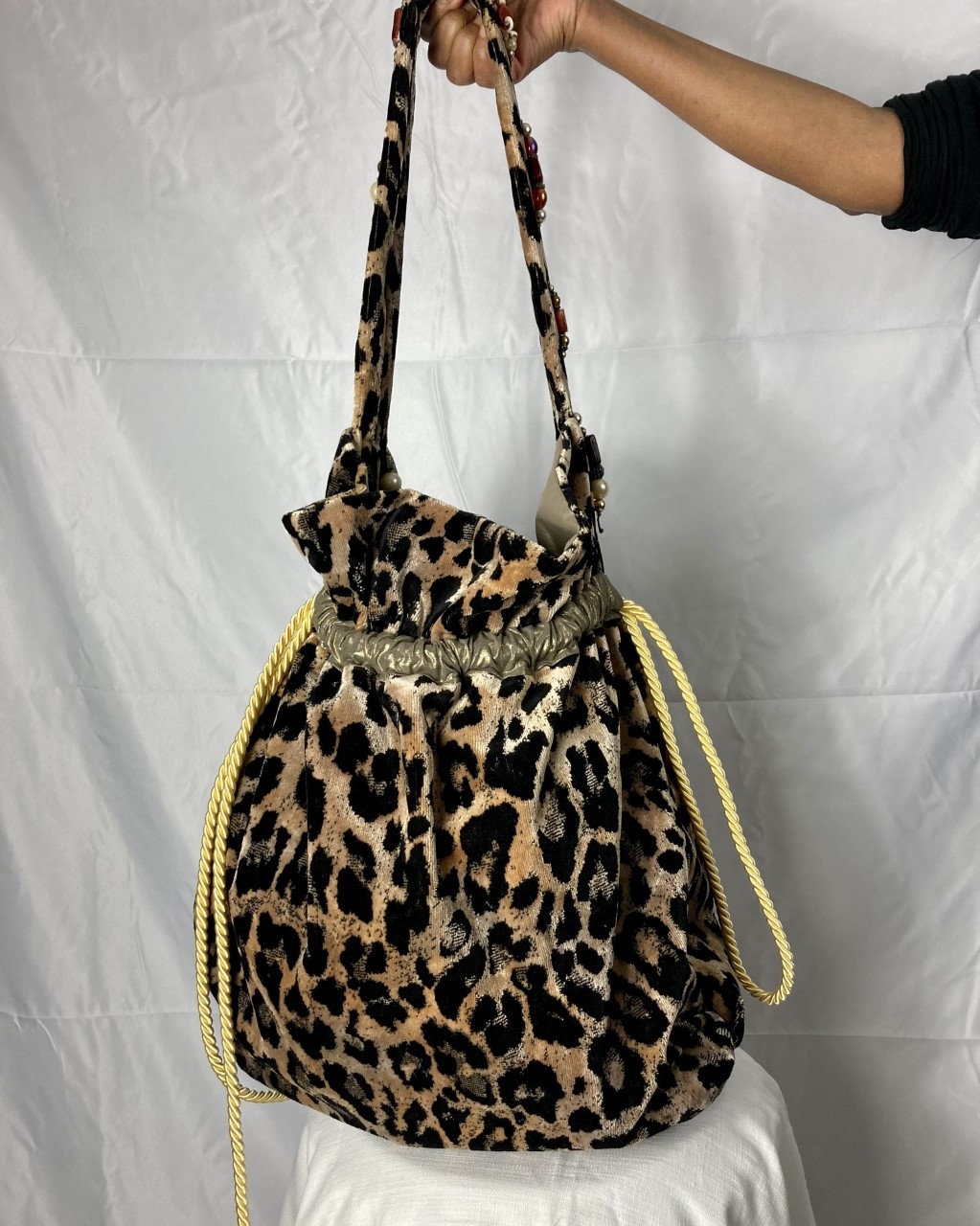 Leopard print bag in heavy duty fabric.