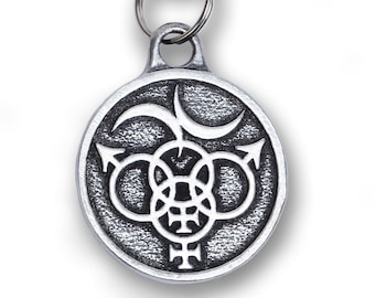 May include: Silver key chain with a round charm featuring a stylized symbol of three interlocking circles with arrows and a crescent moon.