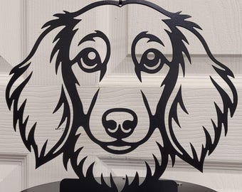 Campana de viento con forma de perro salchicha de pelo largo, acero cortado con plasma, decoración para interiores y exteriores.