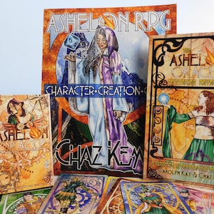 May include: A set of role-playing game materials, including a character creation guide, a guide to interpreting the cards, and a deck of cards. The guide covers the Ashelon Oracle Mysteries Revealed and is illustrated with a woman in a green dress holding a glowing orb. The character creation guide features a woman in a white and purple robe holding a die. The cards are illustrated with various characters and scenes.