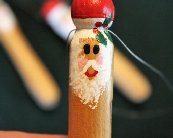 Set of 3, Santa Clothespin Christmas Ornaments, Handpainted Wood Clothespin Ornaments