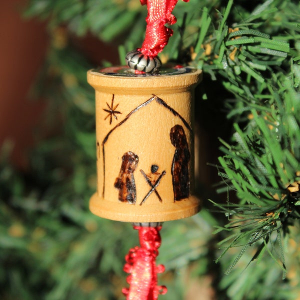 Nativity Wood burned Spool Christmas Ornament, Vintage Wooden Sewing Spool Ornament