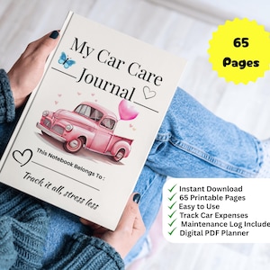 Peut inclure: Un journal d'entretien automobile avec une illustration d'un camion rose vintage et le texte "My Car Care Journal". Le journal contient 65 pages et comprend un journal de bord. La couverture comprend également le texte "Track it all, stress less".