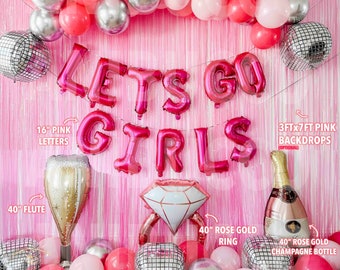 May include: Pink and silver party decorations for a 'Let's Go Girls' event. The decorations include 50 latex balloons, 16-inch pink letters, a 40-inch flute, 5 silver disco balloons, a 40-inch rose gold ring, a 40-inch rose gold champagne bottle, and 3ft x 7ft pink backdrops.