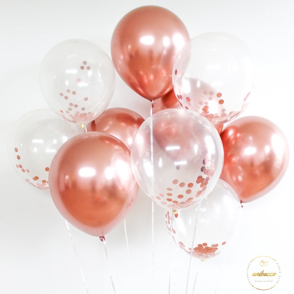 10 Rose Gold 12 Inch Metallic Chrome and Clear Confetti Balloon Set Wedding Bachelorette Party Baby Shower Bach Balloon Bouquet Garland Arch