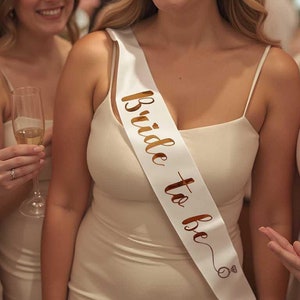 Bride to Be Sash – Rose Gold Bachelorette Sash for Bride | White Satin Sash, Bridal Shower Gift, Bride Accessory, Last Fling Party Decor