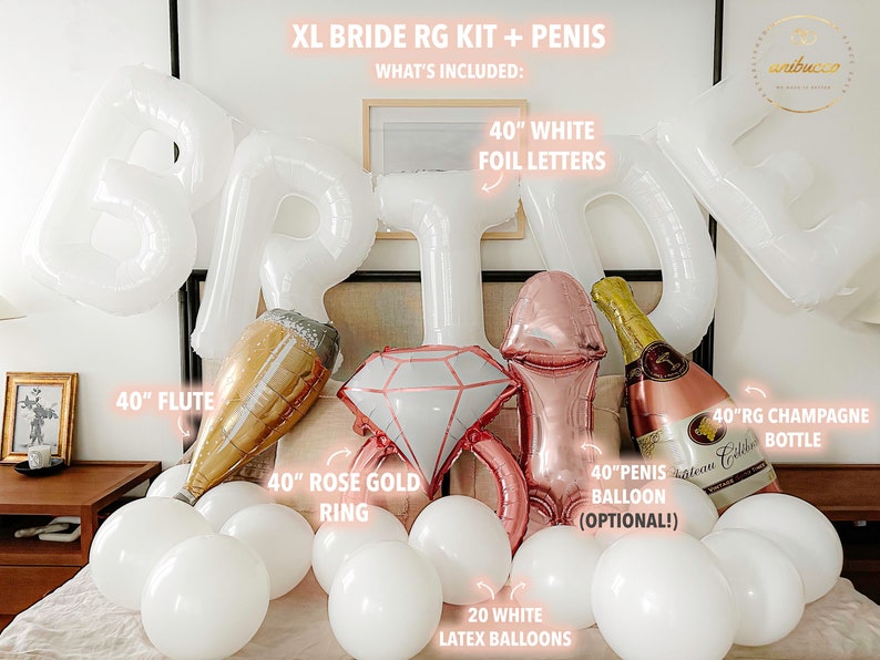 Extra large white letters spelling BRIDE hang above the bed in an arch. Below the letters on the bed rests four large complementing foil balloons, a large flute, a rose gold ring, a champagne bottle and 20 white round balloons