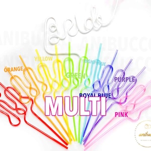 May include: A collection of colorful, reusable plastic straws in red, orange, yellow, green, light blue, royal blue, purple, and pink. The word "MULTI" is displayed in the center, with the word "bride" in white script at the top.