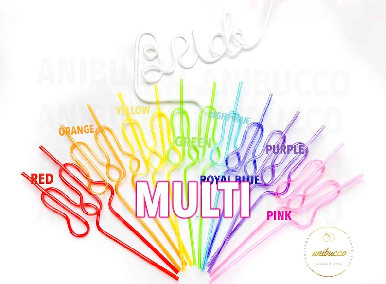 May include: A collection of colorful, reusable plastic straws in red, orange, yellow, green, light blue, royal blue, purple, and pink. The word "MULTI" is displayed in the center, with the word "bride" in white script at the top.