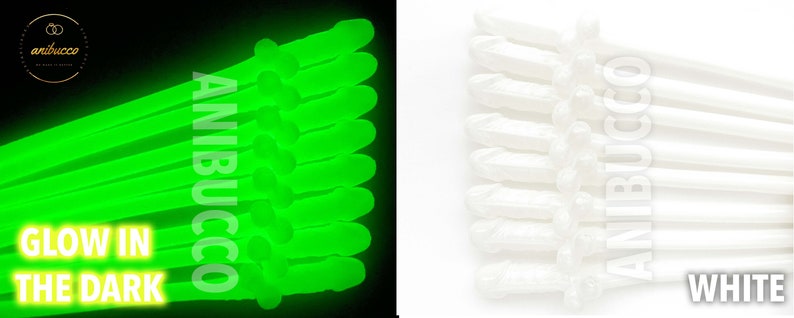 May include: A set of 10 white glow-in-the-dark straws. The straws are stacked on top of each other. The text "Glow in the Dark" is written in white letters on a black background. The text "ANIBUCOCO" is written in white letters on a black background. The text "WHITE" is written in white letters on a black background.