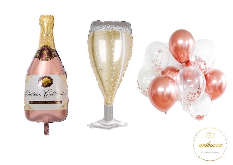 Jumbo Rose Gold Champagne Glass Ring Balloons Bachelorette Party Decorations 21st Birthday Party Balloons Decor Bridal Wedding Shower Foil RGChamp+Flute+Latex