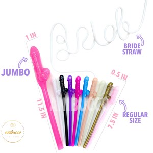 A separate white "Bride" straw and matching jumbo-sized penis straws in coordinating colors are displayed as optional add-ons.