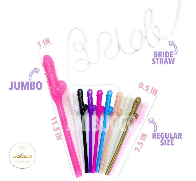 A separate white "Bride" straw and matching jumbo-sized penis straws in coordinating colors are displayed as optional add-ons.