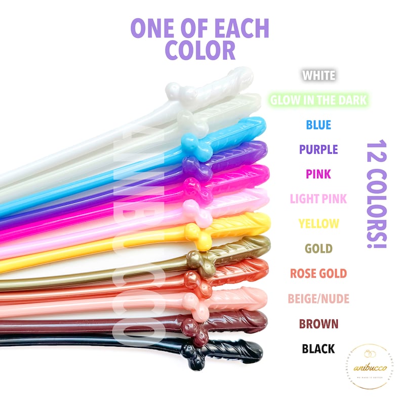 May include: Twelve colorful plastic drinking straws with a phallic-shaped top. The straws are arranged in a row from white to black, with a glow-in-the-dark straw in the second position. The text "ONE OF EACH COLOR" is at the top of the image, and "12 COLORS!" is on the right side of the image.