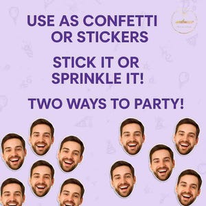 Puede incluir: Un fondo morado claro con el texto "&iexcl;UTILIZA COMO CONFETI O PEGATINAS, PEGA O ESPOLVOREA!, &iexcl;DOS FORMAS DE CELEBRAR!" y varias pegatinas de caras sonrientes. Las pegatinas son de un hombre con barba.