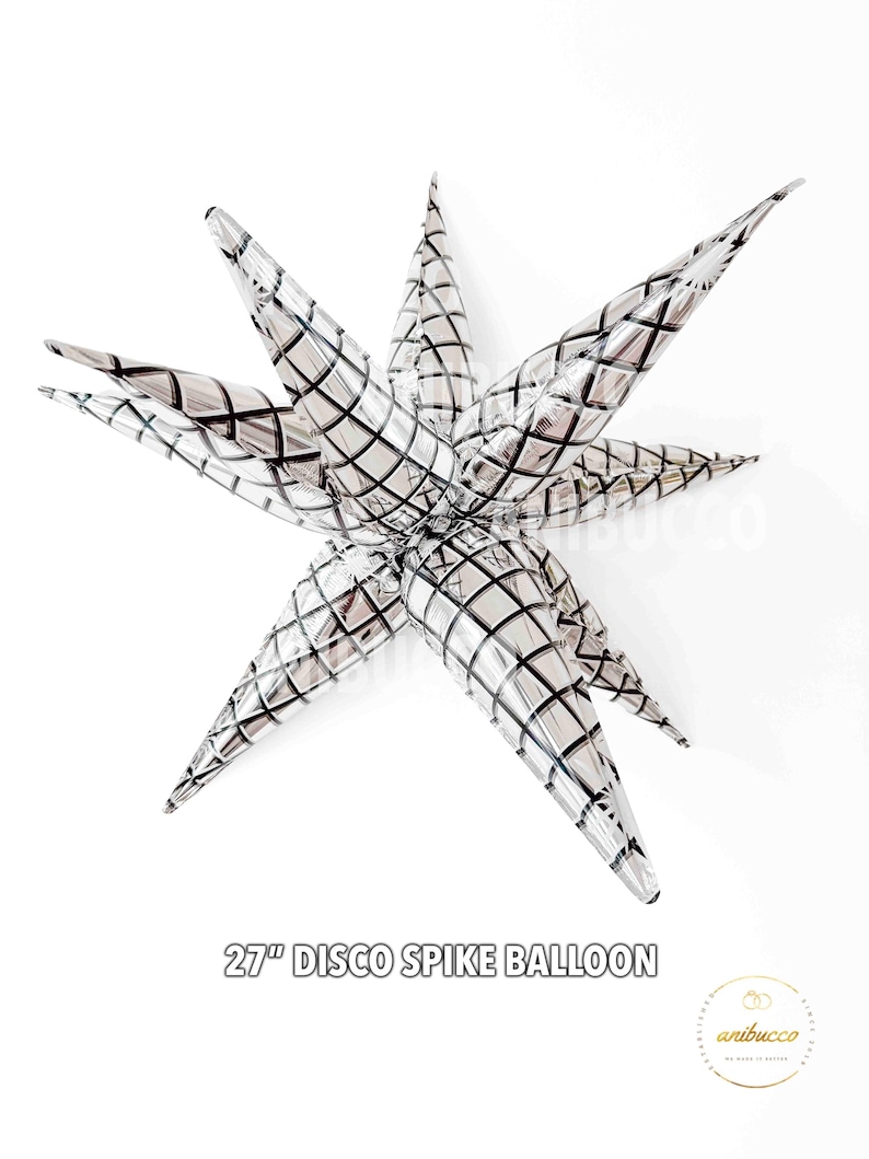 May include: A 27-inch star-shaped balloon with a metallic silver finish and a black grid pattern. The balloon features multiple pointed spikes radiating from a central point, creating a three-dimensional starburst effect. Text reads 27" DISCO SPIKE BALLOON.