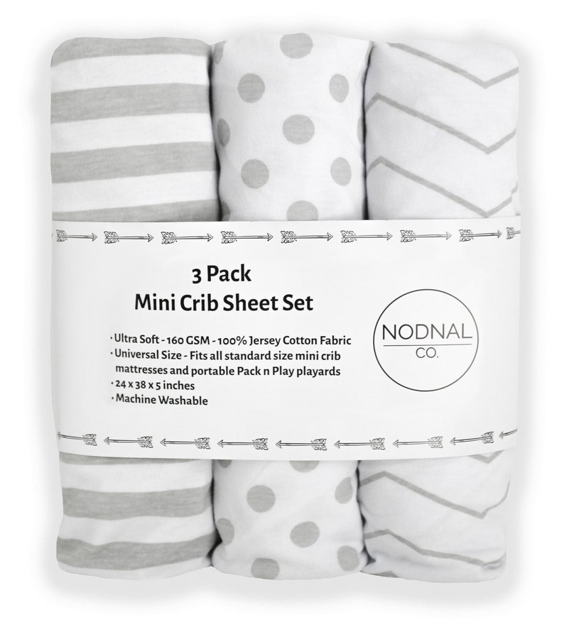 Mini Crib SheetsPack n Play Set 3 Pack 100/% Jersey Gray Cotton Baby GirlBoy Grey Chevron Polka Dot Stripe 160 GSM Shower Gift NODNAL CO