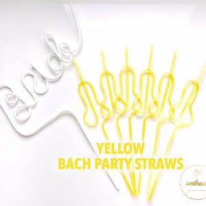 May include: White "Bride" straw holder and yellow Bach Party straws. The image features a white, stylized cutout spelling "Bride" and several yellow, decorative straws. The text "YELLOW BACH PARTY STRAWS" is also visible.