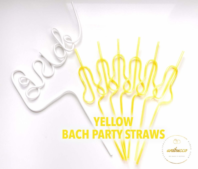 May include: White "Bride" straw holder and yellow Bach Party straws. The image features a white, stylized cutout spelling "Bride" and several yellow, decorative straws. The text "YELLOW BACH PARTY STRAWS" is also visible.