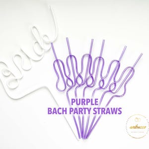 May include: White "Bride" cutout and purple party straws. The straws are designed with a looped pattern. Text on the image reads "Purple Bach Party Straws". The image is on a white background.