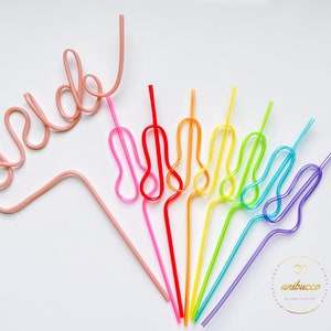 May include: A set of rainbow colored reusable drinking straws, bent into a heart shape. One pink straw is bent into the word "bride".