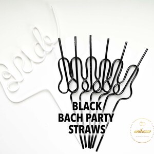 May include: A collection of black and white party straws. One straw spells out "bride" in white, while the others are black with a unique looped design. The text "BLACK BACH PARTY STRAWS" is also visible.