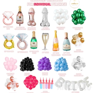 Może przedstawiać: R&oacute;żne balony do indywidualnego zakupu, w tym pierścionki w kolorze r&oacute;żowego złota, butelki szampana i balony w kształcie penisa. Inne balony to biała satyna, zielony chrom, złoty lateks, jasnor&oacute;żowy, czarny, fioletowy i jasnoniebieski. Słowo "BRIDE" jest napisane białymi balonami.