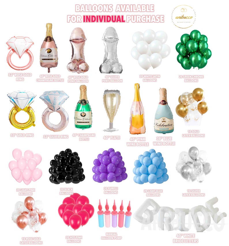 Może przedstawiać: R&oacute;żne balony do indywidualnego zakupu, w tym pierścionki w kolorze r&oacute;żowego złota, butelki szampana i balony w kształcie penisa. Inne balony to biała satyna, zielony chrom, złoty lateks, jasnor&oacute;żowy, czarny, fioletowy i jasnoniebieski. Słowo "BRIDE" jest napisane białymi balonami.