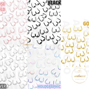 May include: A sheet of stickers featuring a repeated pattern of a stylized breast shape. The stickers are available in rose gold, black, gold, silver, and holographic finishes.
