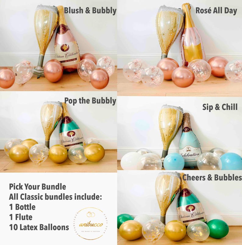 May include: A collection of party balloon bundles, each featuring a champagne bottle and flute-shaped balloon. The bundles include various colors of latex balloons, with text overlays like "Blush & Bubbly" and "Ros&eacute; All Day".